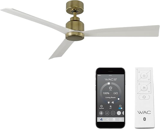 WAC Smart Fans Clean Indoor and Outdoor 3-Blade Ceiling Fan 54in Satin Brass Matte White with Remote Control Works with Alexa and iOS or Android App