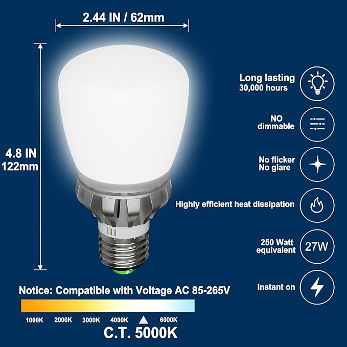 27W LED Corn Light Bulb 250W Equivalent, 3670 Lumen, E26 Non-dimmable 5000K Cool Daylight White, Pack of 1