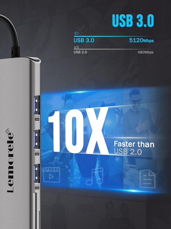 Lemorele 8-in-1 USB C Hub Multiport Adapter, USB-C Hub with 4K HDMI Output, 100W Power Delivery, USB 3.0 5Gbps Port, SD/TF Card Reader Adpater, Compatible for MacBook Pro, XPS, Chromebook and More