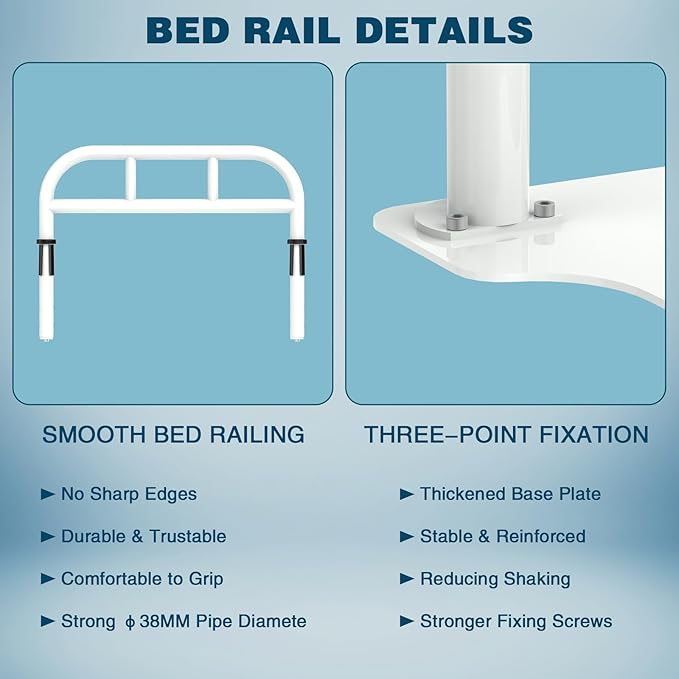 Bed Rail for Elderly Adults Safety, Heavy Duty Bed Rail with 6 Adjutsable Heights, Bed Assist Rail for Seniors, Twin, Queen, King Size Bed (400 LBS Loading, White)