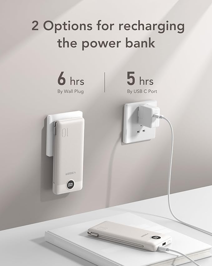 VEGER Portable Charger for iPhone with Built in Cables and Wall Plug, 10000mah Slim Fast Charging USB C Power Bank, Travel Essential Battery Pack Compatible with iPhone, iPad, Samsung etc(Coffee)