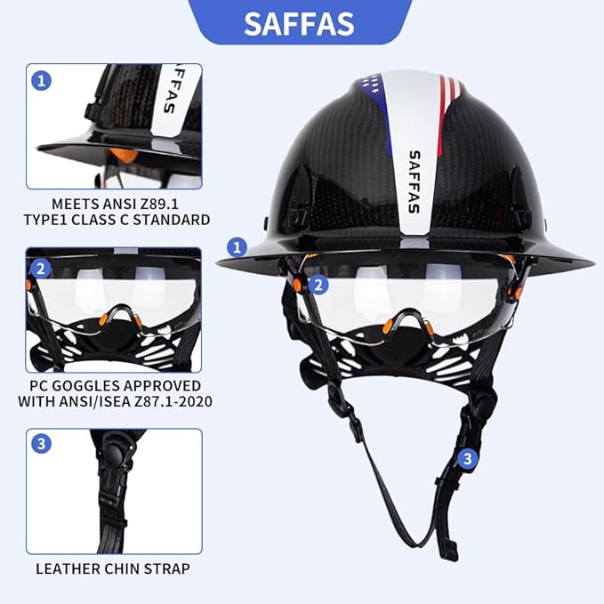 Carbon Fiber Full Brim Hard Hat Safety Helmet with Goggles and Leather Chin Strap 6-Point Suspension Adjustable Knob with Neck Protection