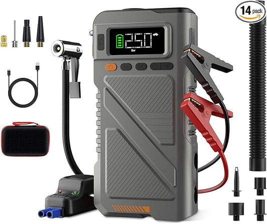 Car Jump Starter with Air Compressor 9000A, 9 in 1 Jumper Box for Car Portable 12V Jump Pack(All Gas/16L Diesel) Combo 150 PSI Tire Inflator & Air Inflator/Deflator Pump w/Extended Jump Cable