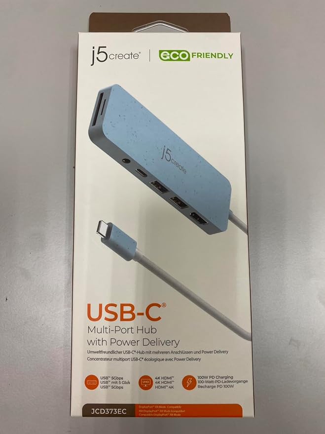 j5create USB-C Multi-Port Hub with Power Delivery with 4K HDMI/2 USB-A 5Gbps/PD 100W Charging SD&Micro SD/3.5mm Audio | for MacBook Pro&Air/iPad Pro/iMac/Surface/XPS/Thinkpad/Galaxy/and More(JCD373EC)