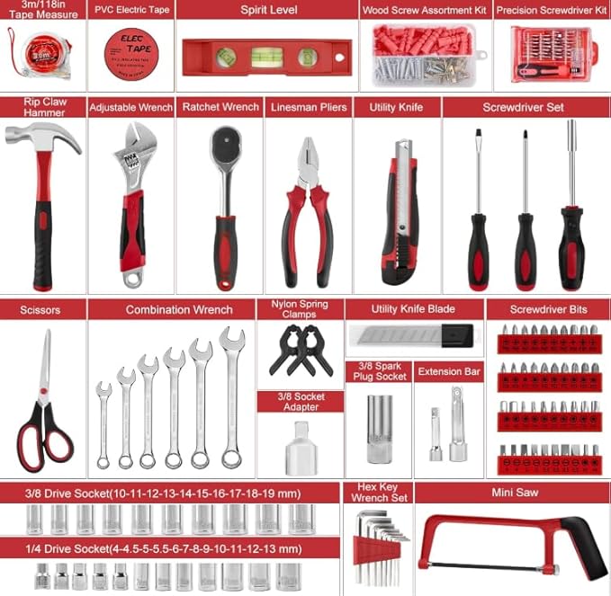 Sundpey Home Tool Kit 257-PCs - Household Basic Repair Tool Set for Men Women - General Hand Mechanic's Tool Set & Screwdriver Set & Wrench Set & Socket & Portable Tool Box Storage Case for Apartment