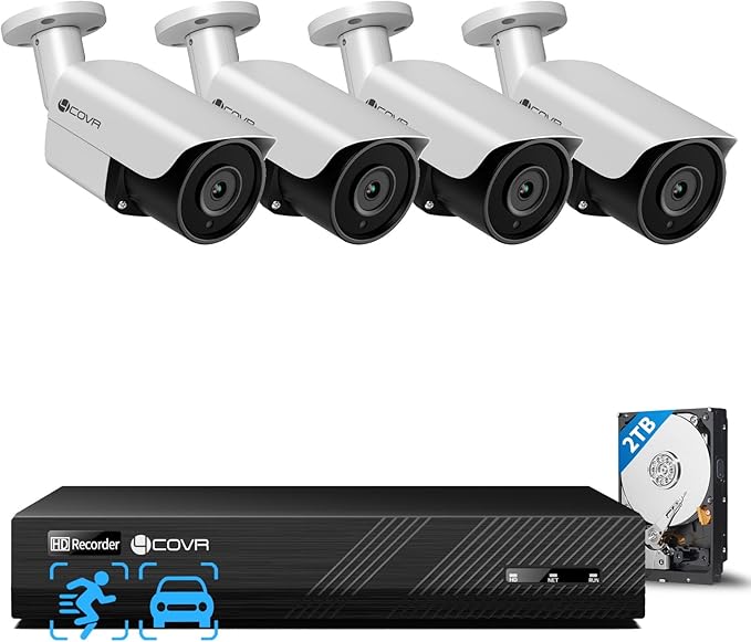 4COVR Wired Security Camera System, 8CH 8MP H.265 Ultra HD NVR 2TB HDD, 4Pcs Bullet 8MP Wired PoE IP Camera with Audio, IP67 Home Weatherproof, Person Vehicle Detection & Night Vision, LY37EX8M0804