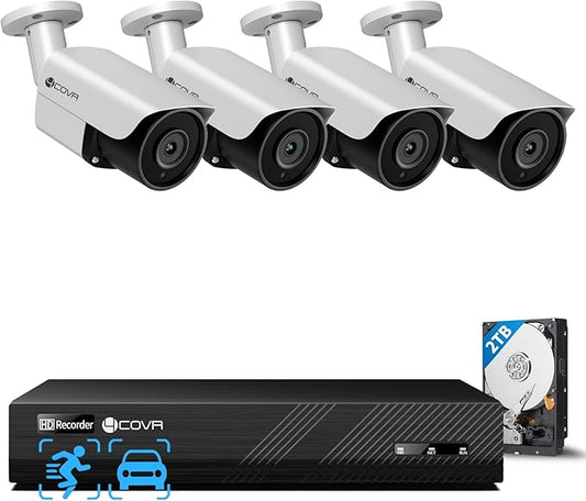 4COVR Wired Security Camera System, 8CH 8MP H.265 Ultra HD NVR 2TB HDD, 4Pcs Bullet 8MP Wired PoE IP Camera with Audio, IP67 Home Weatherproof, Person Vehicle Detection & Night Vision, LY37EX8M0804
