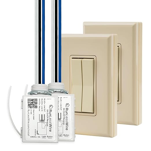 RunLessWire 3-Way Fan & Light Battery-Free DIY Kinetic Wireless Light Switch Kit for Bathrooms & Ceiling Fans: 2 Dual Remote Switches, Both Control 2 5A On/Off Receivers Separately – Light Almond
