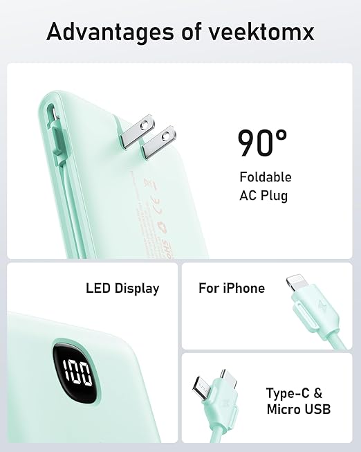 VEEKTOMX Portable Charger with Built in Cables 10000mAh, Power Bank for iPhone with Wall Plug, Travel Essential Fast Charging Slim USB C External Battery Pack for iPhone16/15/14, Samsung, iPad, etc
