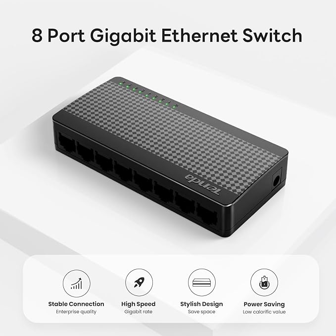 Tenda SG108, 8 Port Gigabit Switch, Unmanaged Home Ethernet Switch, Office Ethernet Splitter, Plug & Play, Plastic Case, Desktop/ Wall-Mount, Fanless Quiet, Limited Lifetime Protection