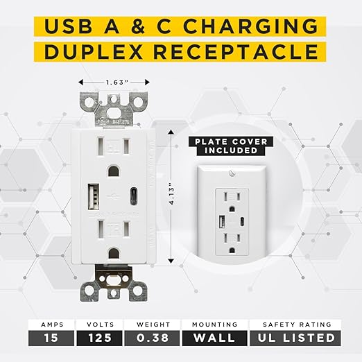 Diodesy- USB Outlet with Type C & A Port 15 Amp Tamper Resistant Duplex Receptacle Plug Charging Power Wall Outlet Compatible with iPhone iPad Android DC 4.8A 5A 15A-125VAC Wall Plate Included