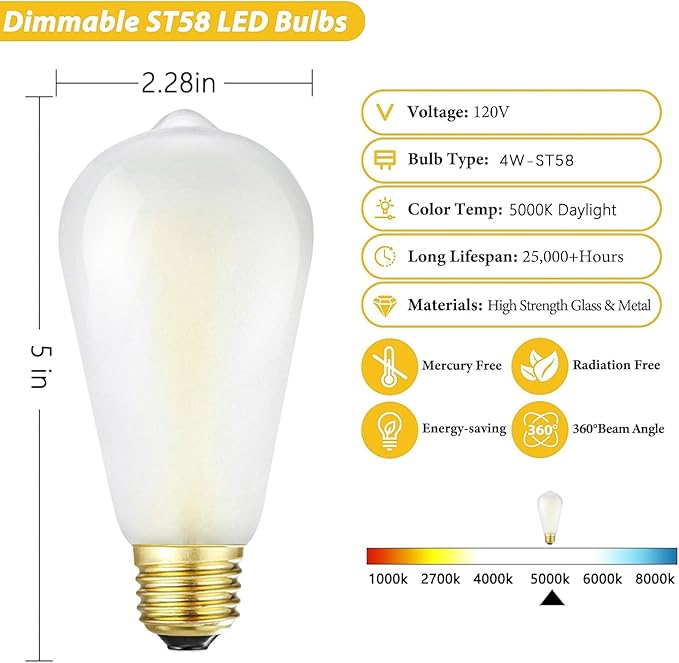 E26 Frosted Vintage LED Edison Bulbs, 4W, Equivalent 40W, Daylight White 5000K,ST58 Dimmable Antique LED Filament Bulbs with 90+ CRI, 400LM,AC120V,Pack of 6 (4W=40W Daylight White)