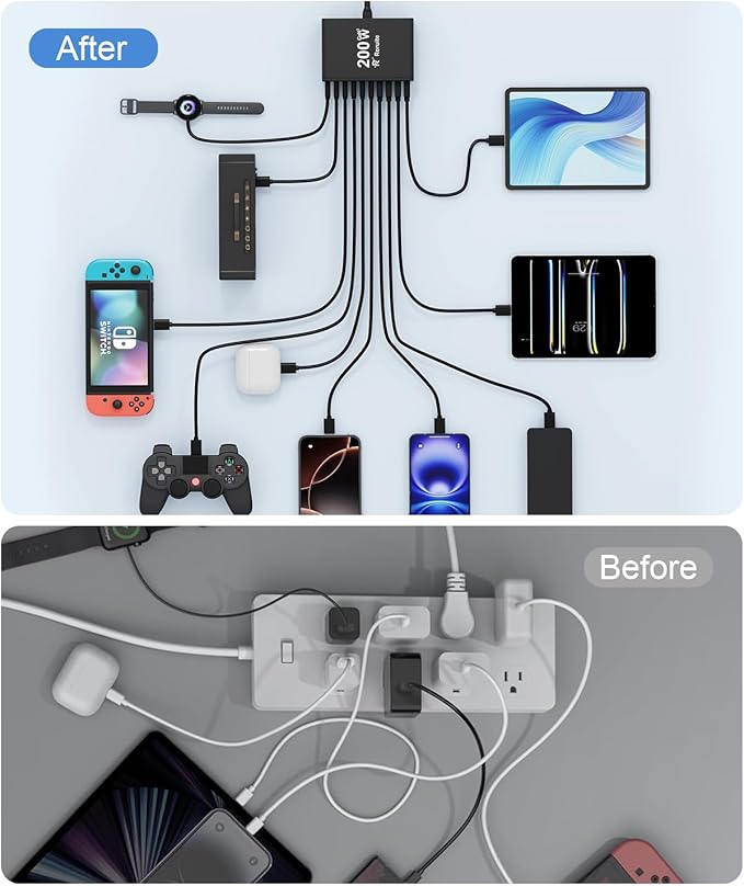 USB C Charging Station 10 Port with 4 USB Cables, 200W GaN Type C Charger Block, Wall Charger Power Strip Adapter Plug for iPad iPhone16 15 14 13 12 Pro Max Pixel Note Galaxy