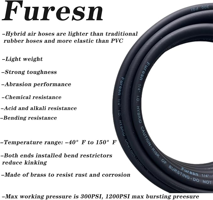Air Hose 1/4 in x 30 ft, Hybrid Air Compressor Hose Kit with 1/4 in NPT Male Threads, 13 Piece Air Tool & Air Compressor Accessories Kit, Bend Restrictors, 300 PSI (Black, 30FT-13 Pieces)
