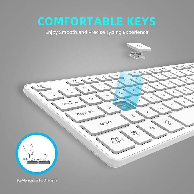 Slim Quiet Wireless Keyboard for Mac and Windows,Durable Flat Keyboard with Full Size Ultra Quiet Low-Profile Flat Keys, 2.4GHz Wireless for Mac,Windows 11/10/8/7/Vista,Microsoft & PC, White