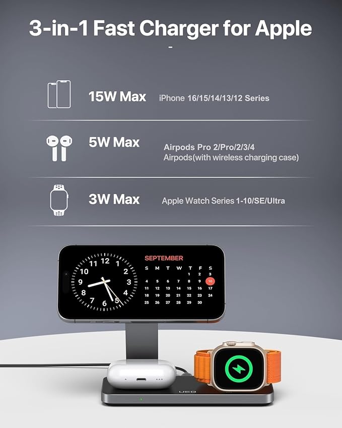 Foldable 3 in 1 Wireless Charging Station for Apple Compatible with Magsafe Charger Stand,Magnetic Wireless Charger Station for iPhone 15 14 13 12 Series,Airpods Pro,Apple Watch Ultra (Pure Black)