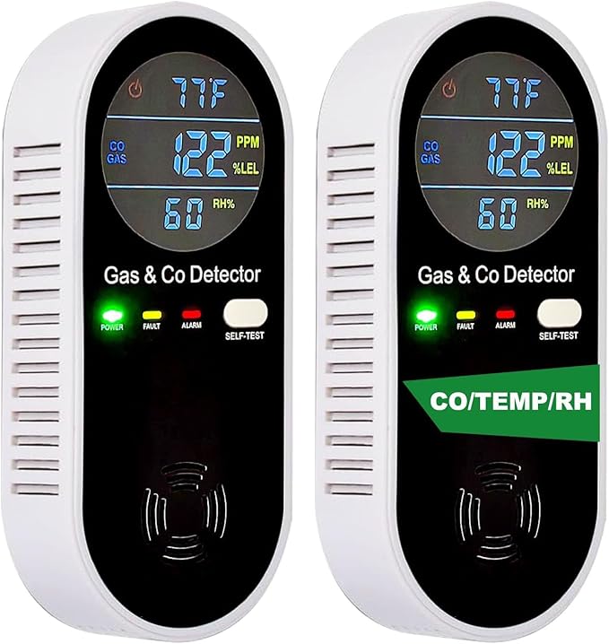 Combustible Gas & Carbon Monoxide Detector 4-in-1 Alarm with Temp/Humidity Sensor – Plug-in CO/Gas Leak Detector for Home, RV, Apartment Safety (Explosive Gas & CO Detection) 2-Pack