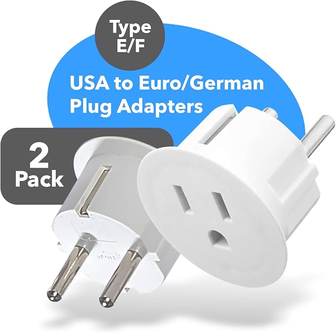 OREI American USA To European plug adapter – Type E/F schuko plug adapter - Use in Germany, France, & more - CE Certified – For Mobile, Laptop & Camera Chargers - 2 Pack