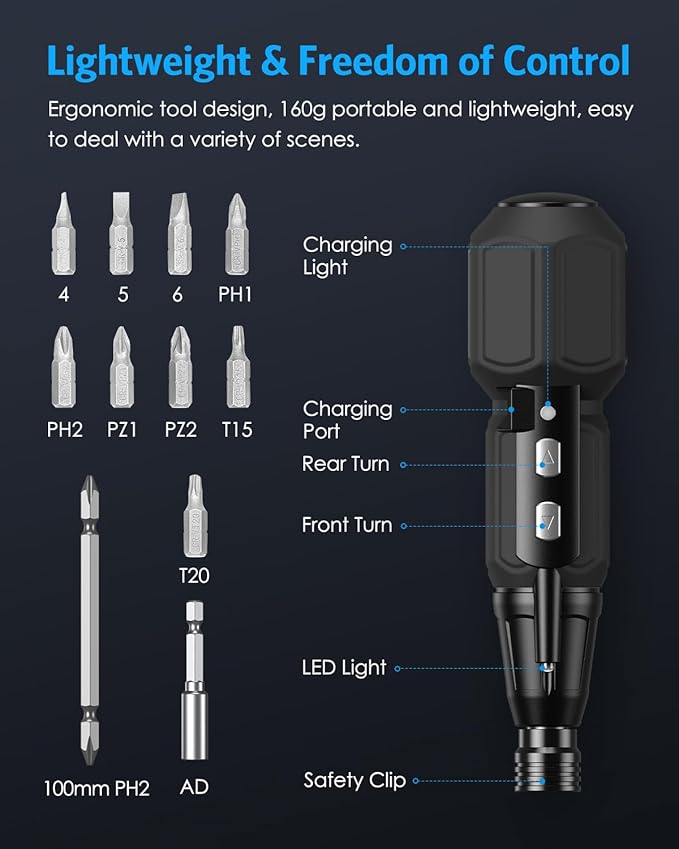 AMIR Electric Screwdriver Cordless, Rechargeable Power Screwdrivers Set, Portable Automatic Home Repair Tool Kit with LED Lights and USB Cable
