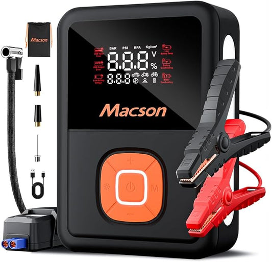 Jump Starter with Air Compressor, 1500A Portable Car Battery Charger for 6L Gas/4L Diesel, 150PSI Tire Inflator 12V 8000mAh Jump Box with 5 Modes Flashlight and LED Display for Car Emergency Use