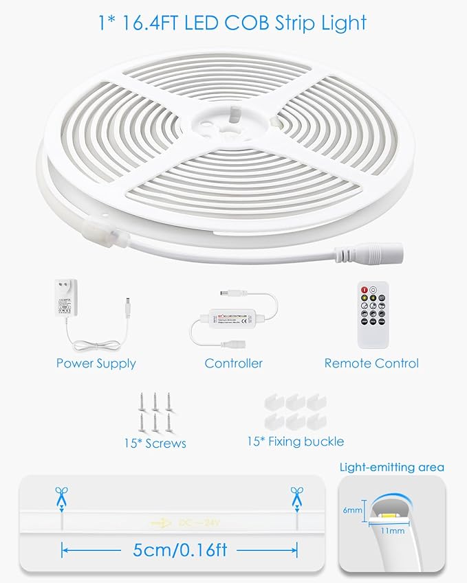 Daylight White LED Strip Lights 16.4FT 24V Waterproof COB LED Strip Kit with Remote Dimmable Flexible LED Tape Light 6000K Uniform Glow 320LEDs/M for Indoor Decor (Adapter are Included)