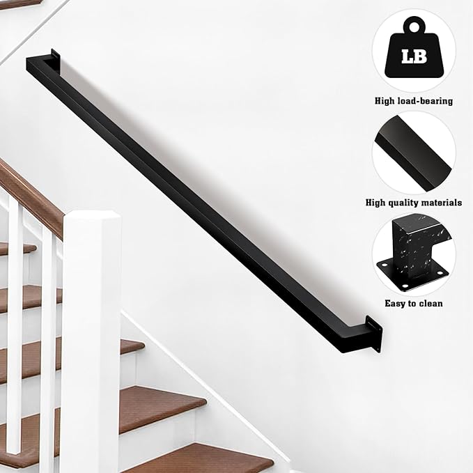 Stair Railing Indoor - Handrails for Stairs, 8ft Black Metal Staircase Hand Rails/Modern Wrought Iron Handrail, Industrial Wall Mounted Handrails Outdoor for Loft Porch Deck