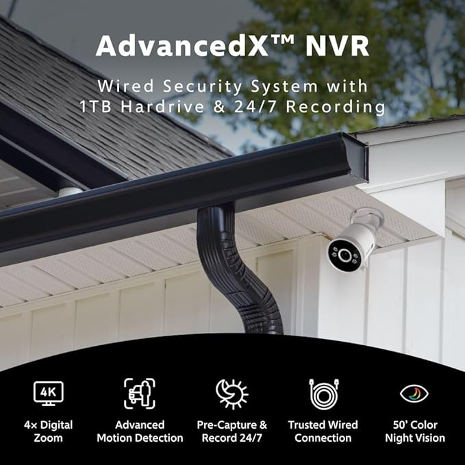 Swann AdvancedX Wired NVR 4K Security Camera System, 8 Channels, 4 PoE Cameras Outdoor, 1TB HDD Storage, Color Night Vision, Smart AI Video Analytics/Alerts, Motion Detection, 24/7 Recording