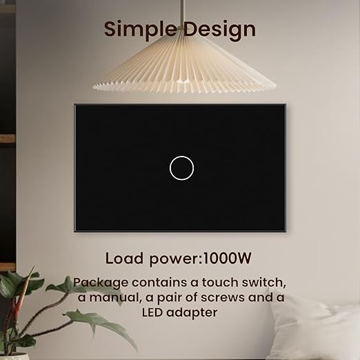 Light Switch No Neutral Wire,Single Live Wire Light Switch No WiFi,Tempered Glass Panel,Total Power Maximum 1000W,FCC Certification,Black 1 Gang