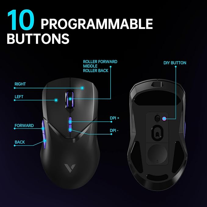 Rapoo VT9PRO 4K Wireless Gaming Mouse, PAW 3398 Sensor, 26000 DPI, 4KHz Polling Rate, 0.25ms Response Time, Lightweight, 10 Programmable Buttons, 180h Battery Life, On-Board Memory, PC - Black