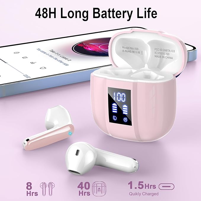 Wireless Earbuds, Bluetooth 5.4 Headphones, 48H, Stereo Ear Buds, LED Display Earphones with Mic, IP7 Waterproof In EarBud, Comfort Fit, Bluetooth Earbuds for Phone Android iOS, Sport, Walk, Pink