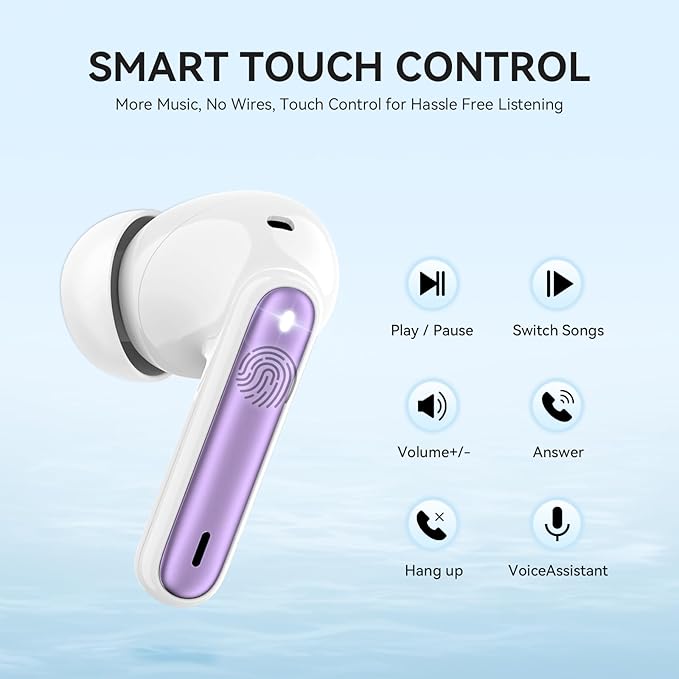 Wireless Earbuds, Bluetooth 5.3 Headphones 40Hrs Playtime Deep Bass Stereo, LED Power Display, Call Noise Canceling Headphones with Mic, IP7 Waterproof Earphones for iOS Android Purple