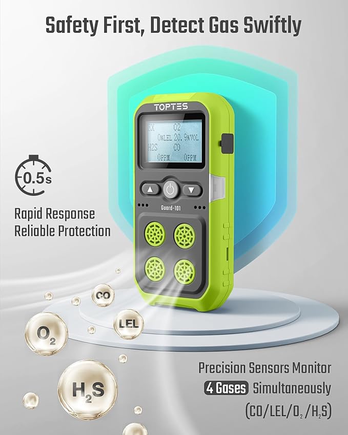 Guard-101 4 Gas Monitor Multi Detector for H2S, CO, LEL, and O2, with Vibration, Visual, and Audible Alarms, 14h Long Battery Life, Safety Explosion-Proof, for Work, Home - Green