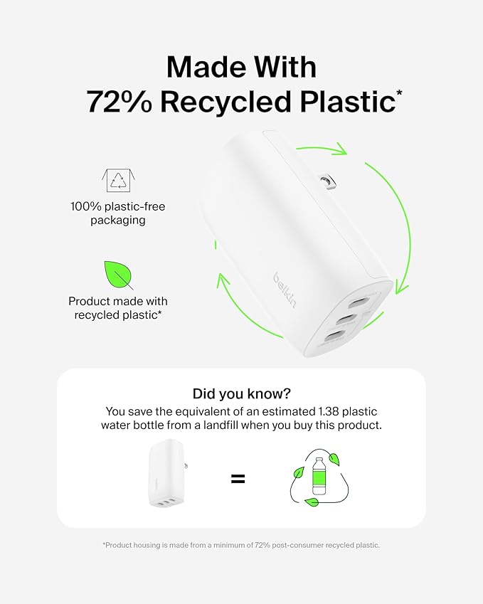 Belkin 3-Port USB C Charger Block 67W - PPS, USB-C PD3.1 Super Fast Charging Charger - Samsung Galaxy S25, Apple iPhone 16, MacBook Pro, AirPods, Nintendo Switch 2 & Other PD Enabled Devices - White