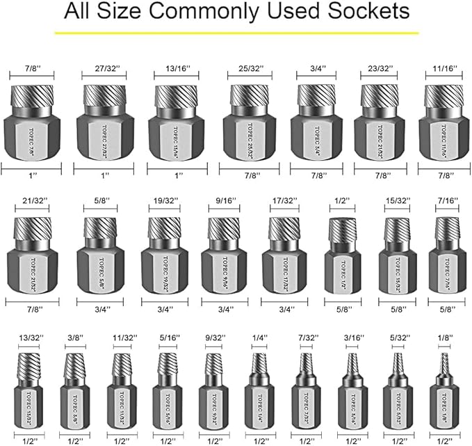 Topec 25Pcs-Double Head Screw Extractor Set, Newest Version 3/8” Drive 2-in-1 Functional Easy Out Bolt Extractor Set, Premium CR-MO Steel Rounded Bolt Remover