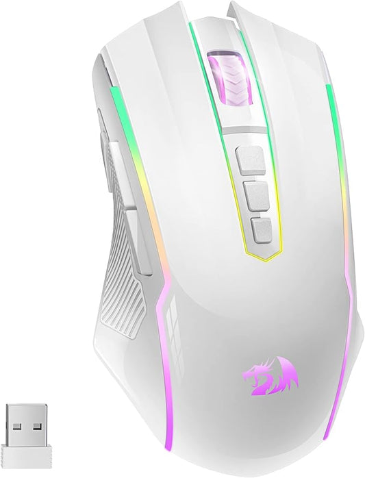 Redragon Wireless Gaming Mouse with RGB Backlit, 8000 DPI, with Fire Button, Macro Editing Programmable,70Hrs for Windows/Mac, Rechargeable, White, M910-WS