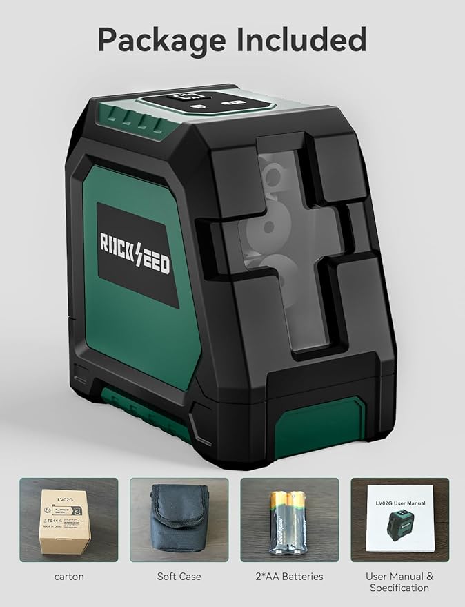 RockSeed Dual Modules Line Laser, Self Leveling Laser Level, Horizontal and 150° Vertical Green Beam, 2 AA Batteries, Carrying Bag, for Home Decoration/DIY/Construction Site