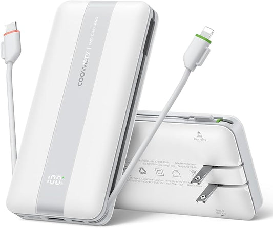 Fast Charging Power Bank with AC Wall Plug, USB C Portable Charger 10500mAh 22.5W with Built in Cables, 4 Outputs 3 Inputs LED Display External Battery Pack Compatible with iPhone/Android (White)