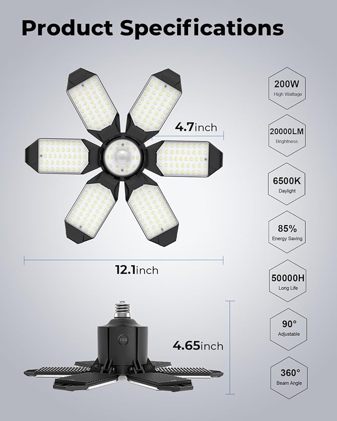 4 Pack Motion Sensor Garage Lights, 20000LM Motion Sensor Shop Light with 3 Switch Modes, 6500K Indoor Motion Activated Shop Lights for Garage, Workshop, Utility Room