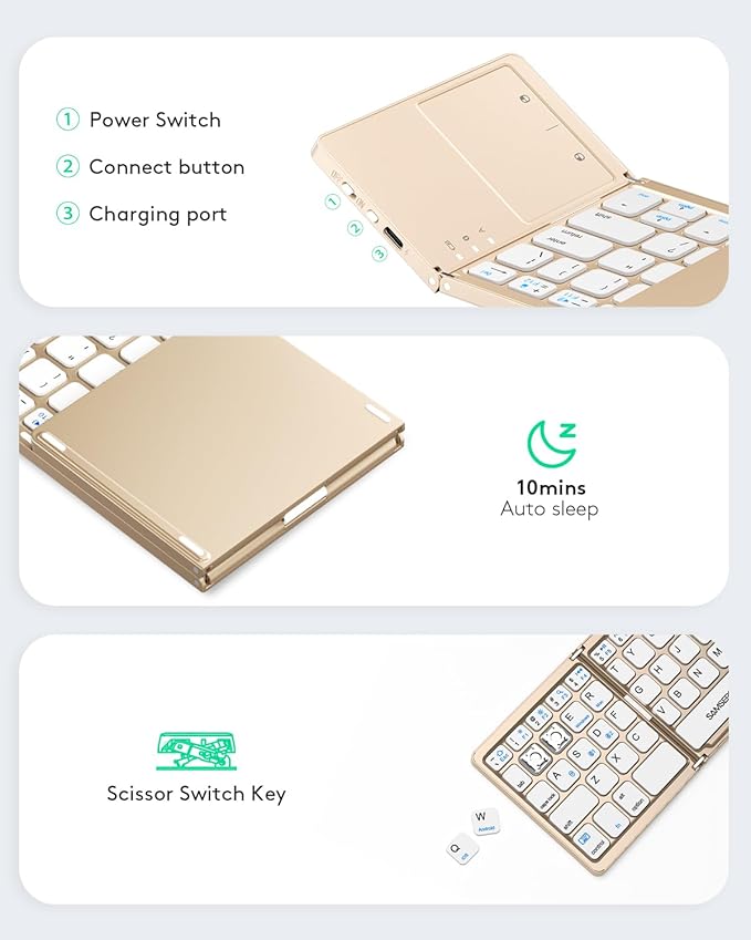 Samsers Multi-Device Foldable Bluetooth Keyboard with Touchpad, Rechargeable Dual-Mode(2.4G+BTx2) Wireless Keyboard with Holder, Portable Folding Keyboards for Android Windows iOS Mac OS - Gold