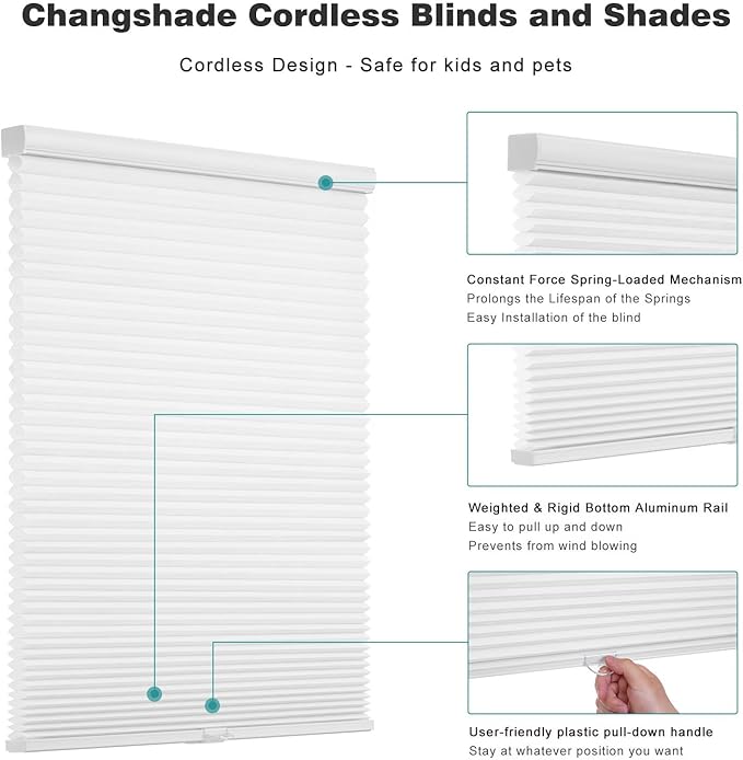 Changshade Cordless Cellular Shades, Light Filtering Honeycomb Shades for Windows, Pull Down Pleated Blinds, Easy to Install for Indoor Windows and French Doors,28" W x 64" H, White