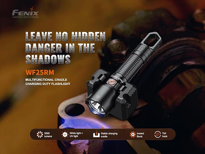 Fenix WF25RM 3000 Lumen Police Duty Flashlight/Blacklight Charging Cradle, USB-C Rechargeable Battery and EdisonBright Charging Cable Carrier