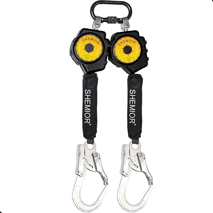 6FT Twin-Leg Self Retracting Lifeline, Swivel Top Lightweight Housing, Web SRL ANSI Self Retractable Safety Lanyard, Fall Arrest Protection Gear for Roofing Construction, Rebar Hook