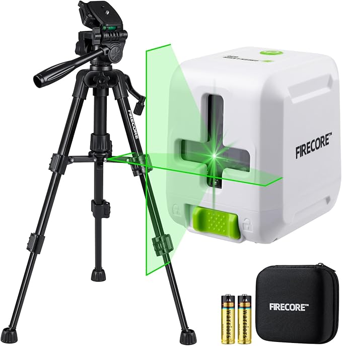 Laser Level with Tripod, Firecore 82Ft Green Self Leveling Cross Line Laser Measuring Leveler Tool for Hanging Pictures, DIY Indoor Project, 25" Tripod, Battery & Carry Pouch Included