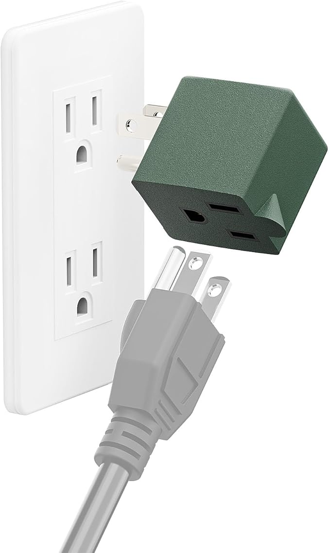 90 Degree Leftward Angled USA 3-Prong Male-Female Adapter, 5-15P to 5-15R Direction Changer, Green