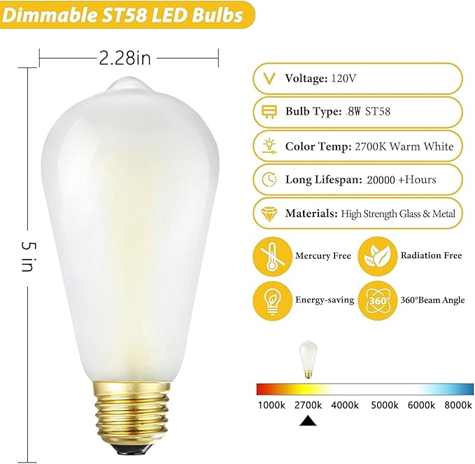 Dimmable e26 Frosted LED Edison Bulbs, 8W Equivalent 75W, 850LM,Warm White 2700K,AC120V,ST58 Frosted Light Bulbs with 90+ CRI,Pack of 6