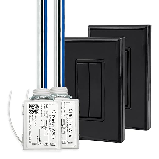 RunLessWire 3-Way Fan & Light Battery-Free DIY Kinetic Wireless Light Switch Kit for Bathrooms & Ceiling Fans: 2 Dual Remote Switches, Both Control 2 5A On/Off Receivers Separately – Black