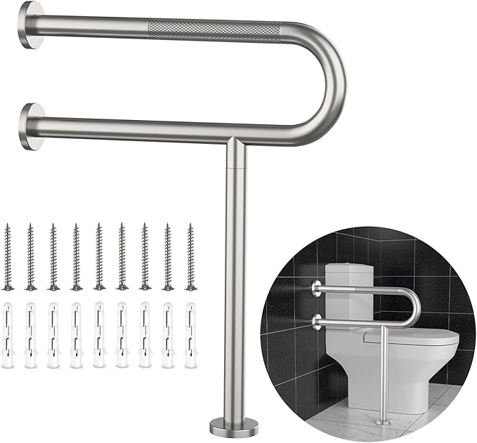 Toilet Grab Bar 23.4 Inch, YuanDe Wall to Floor Brushed Nickel Bathroom Safety Bar w/Anti-Slip Knurled Grip, Stainless Steel Handicap Grab Bar with Leg,Support Bar for Disabled Elderly Pregnant