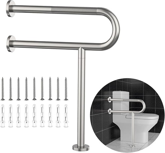 Toilet Grab Bar 23.4 Inch, YuanDe Wall to Floor Brushed Nickel Bathroom Safety Bar w/Anti-Slip Knurled Grip, Stainless Steel Handicap Grab Bar with Leg,Support Bar for Disabled Elderly Pregnant