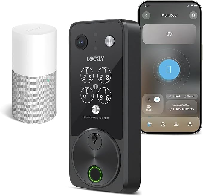 Lockly Vision Zeno Smart Lock with Video Doorbell Camera, Fingerprint Keyless Entry with Apple Home Key, Wi-Fi Deadbolt for Front Door, PIN Genie Keypad, App Remote Control, 2 Rechargeable Batteries