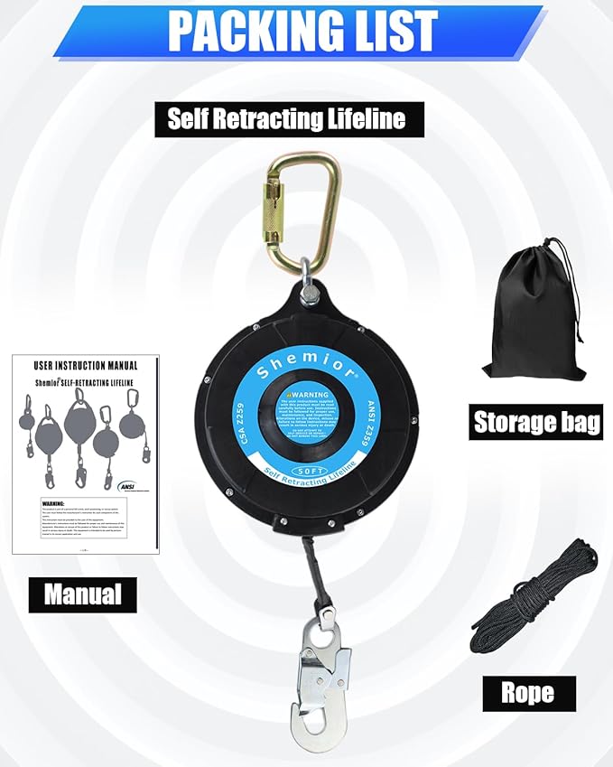 50FT Web Self Retracting Lifeline, No Tangle Lightweight Housing SRL, Self Retractable Safety Lanyard, Fall Arrest Protection PPE Gear for Roofing Construction, OSHA/ANSI Compliant